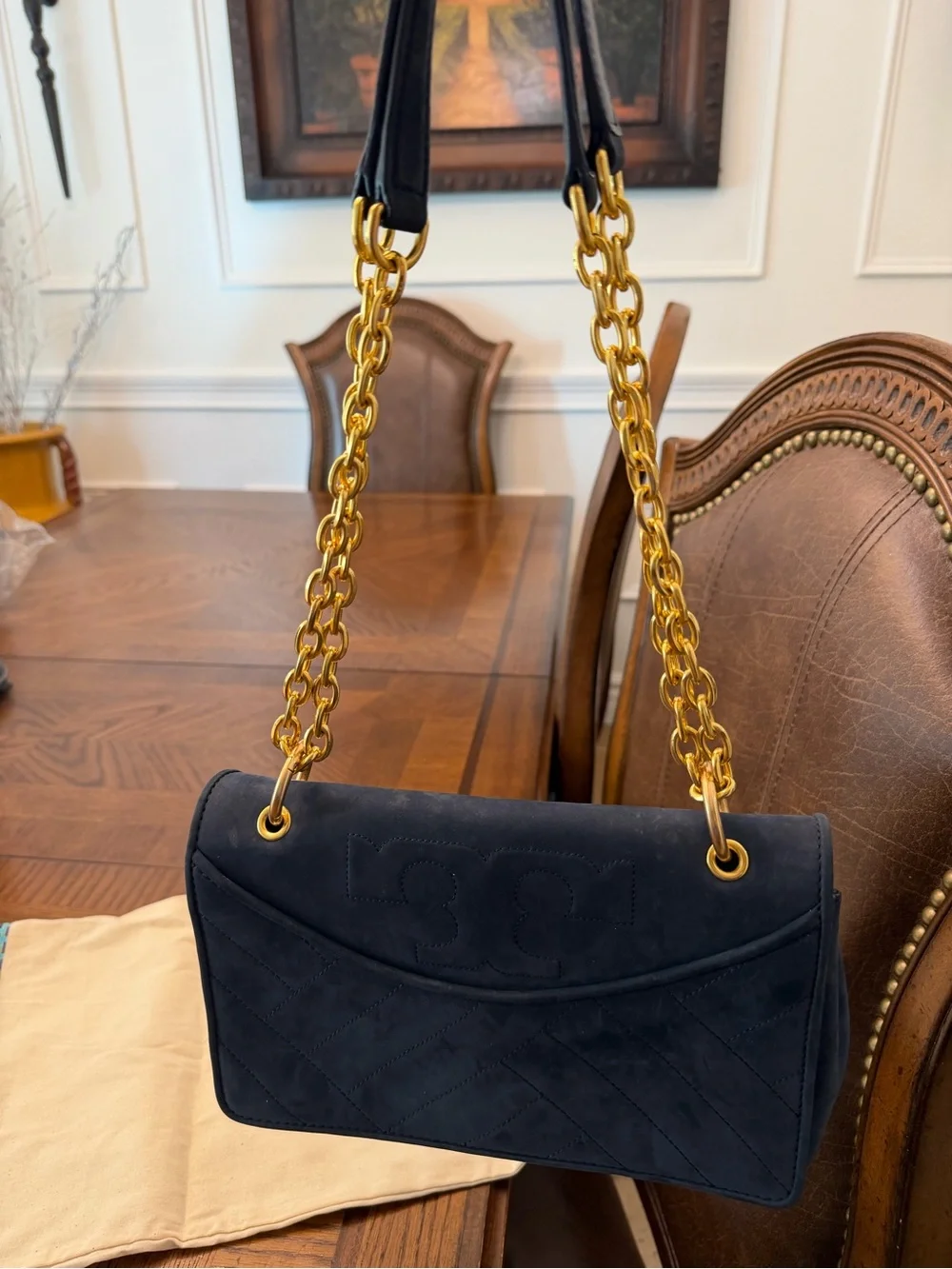 Tory Burch Black Suede Quilted Shoulder Bag with Gold Chain